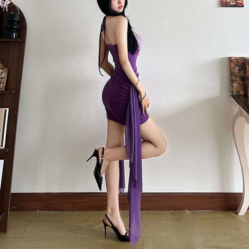 2024 Autumn Winter New Women's Solid Color Slim High Waist Bodycon Fashion Halter Neck Backless Dress b1f