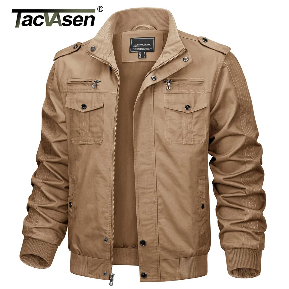 TACVASEN Pilot Bomber Jacket Coats Mens Cotton Cargo Jackets With Zipper Pockets Retro Casual Work Male Clothing Outwear 250717