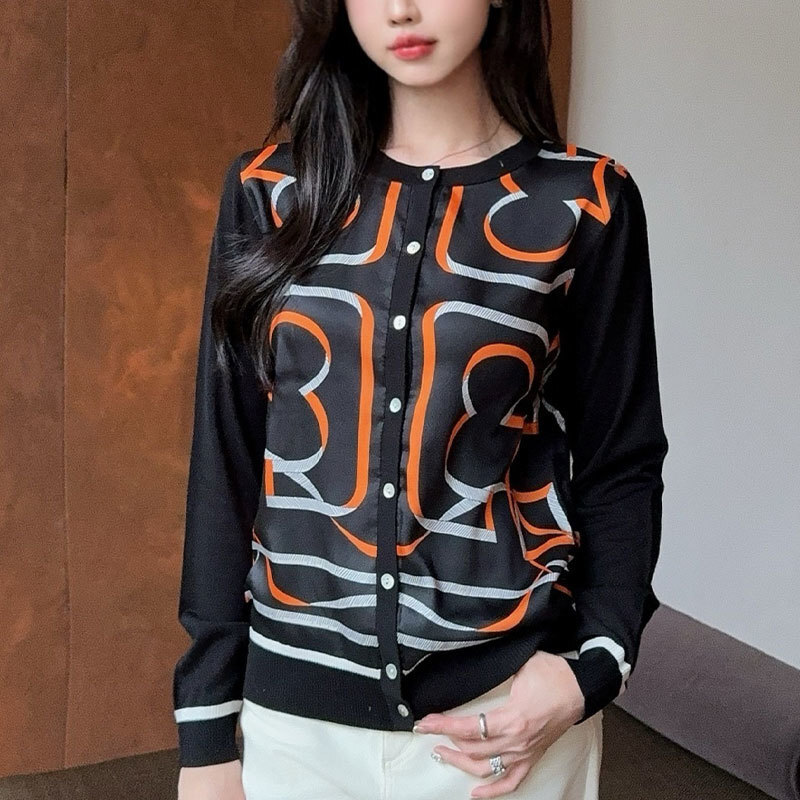 Ladies Cotton Chain Print Knit Cardigan - Designer Round Neck Long Sleeve Sweater, Multi-Color Options Classic Y2K Fall Transition Clothes S0767