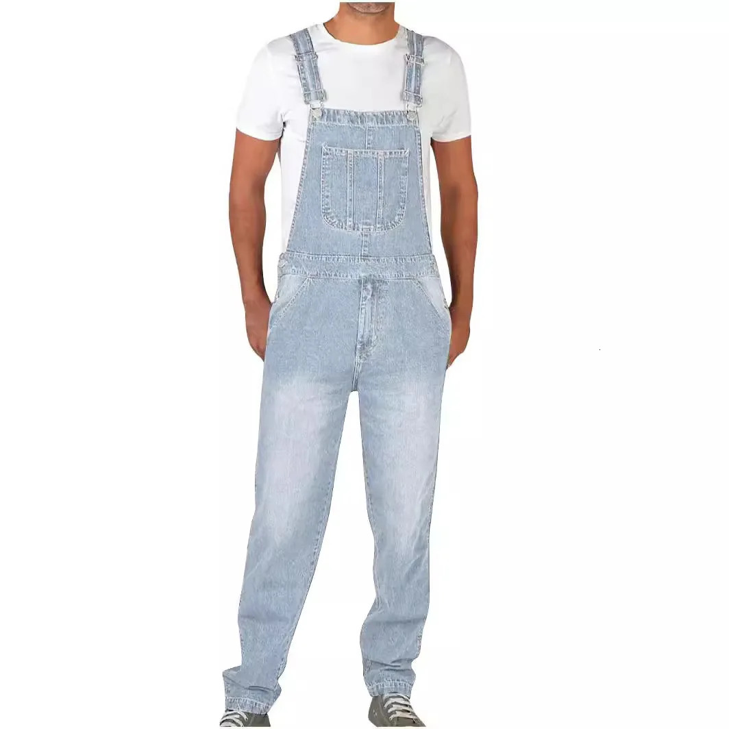 Overalls Jeans Men Ankle Length Jumpsuits Straight Pants Spliced Pockets Loose Vintage Wash Denim Casual Solid 250725