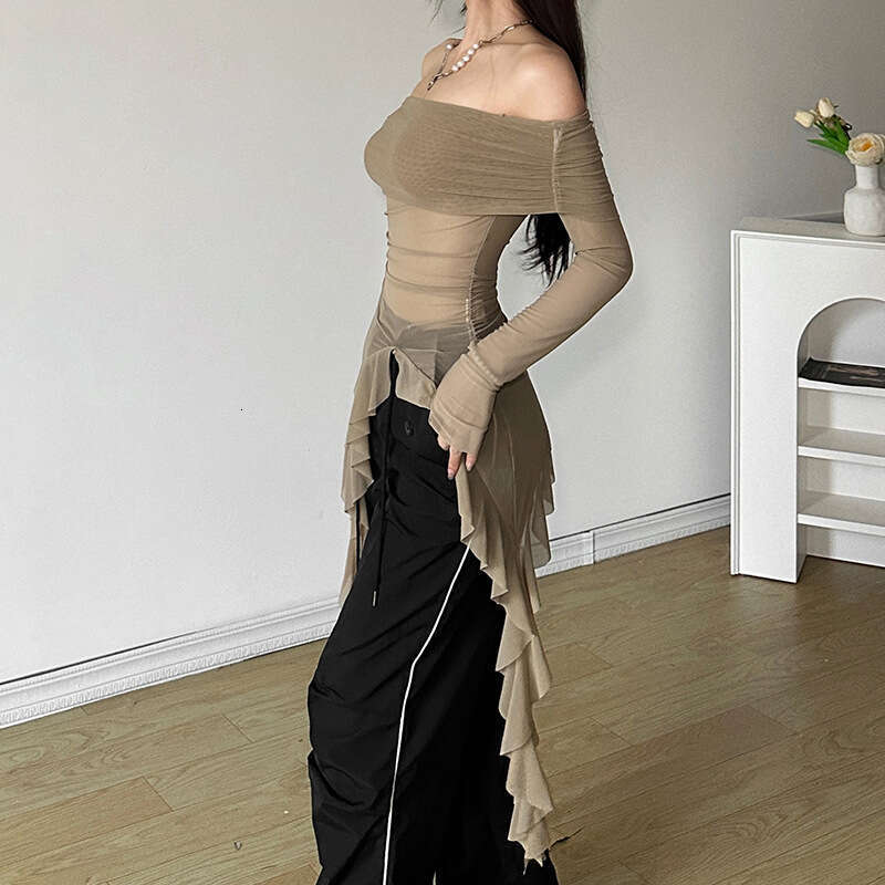 2024 Autumn New Women's Fashion Solid Color Slim Street Style Off-Shoulder Long Sleeve Sheer Top b87