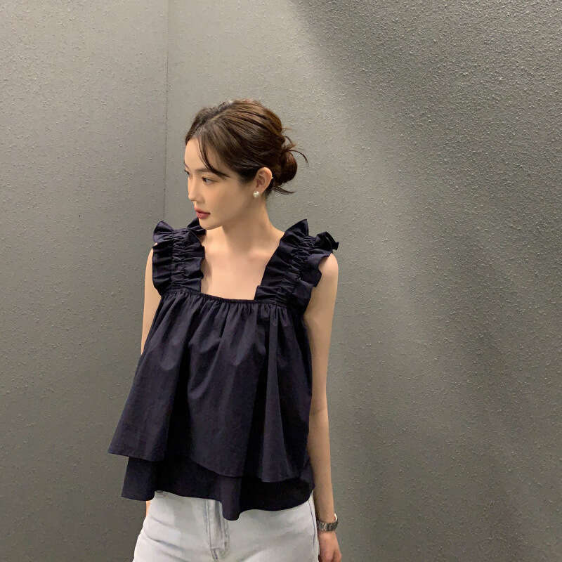 SXZY Summer Korean and Japanese New Loose Slimming Niche Design Front Short Back Long Ruffle Vest Top for Women