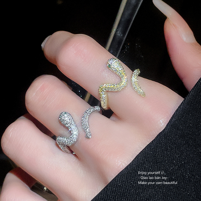 Gold Tone Snake Shaped Ring Pave Crystal Body & Green Gemstone Eyes Edgy Party Jewelry And Gift For Her High Quality Stylish Design