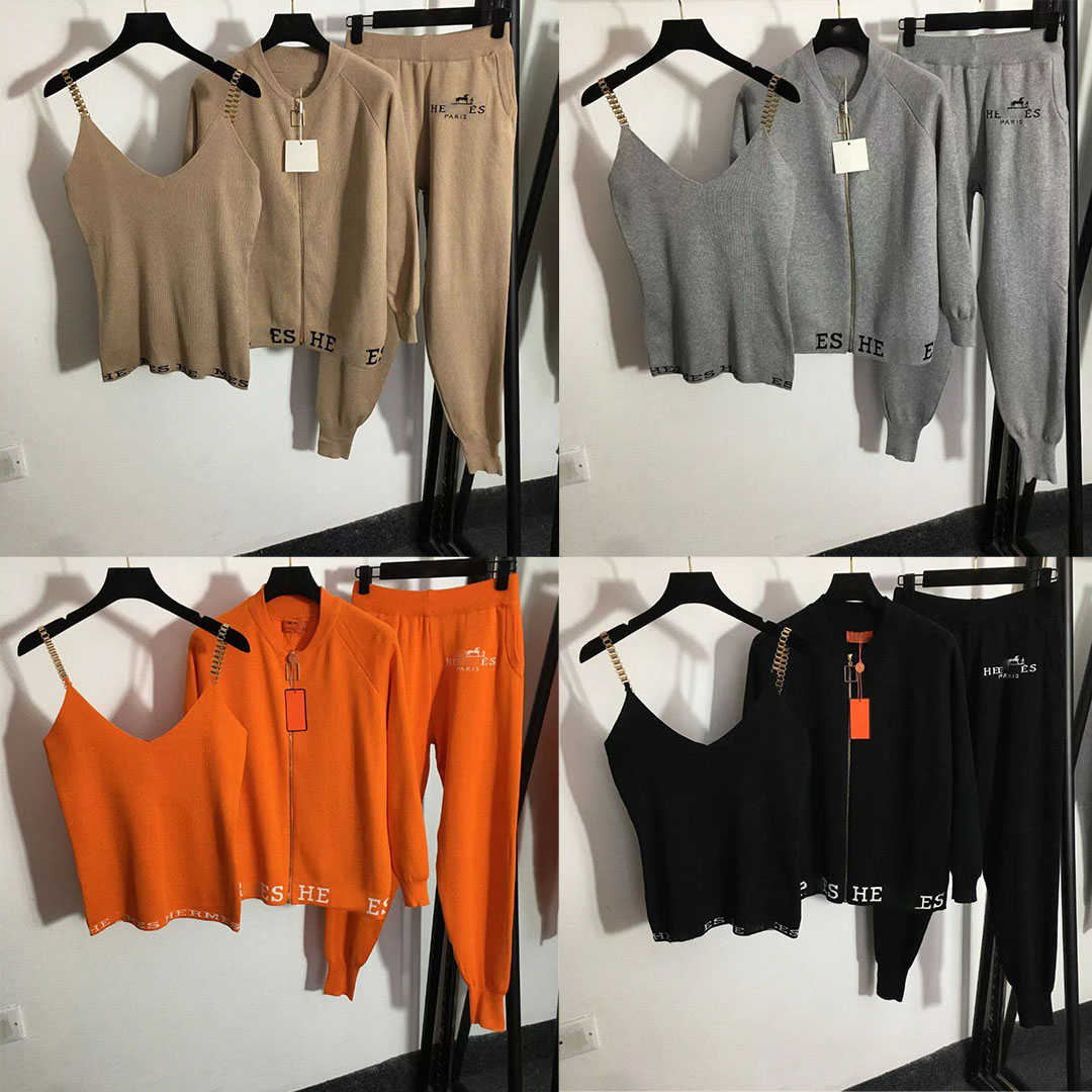 Women's Tracksuits Designer Womens Three Pieces Set Knittd Coat Elegant Zipper Cardigan Sexy Vest Elastic Waist Pants Female Temperament