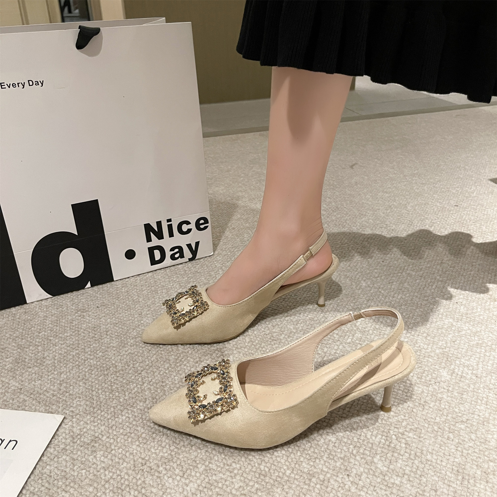 Ddmysports Elegant Pointed New Large Size High Heel Commuter Spring Summer Closed Toe Rhinestone Fairy French Style Backless Sandals Outdoor Shoes