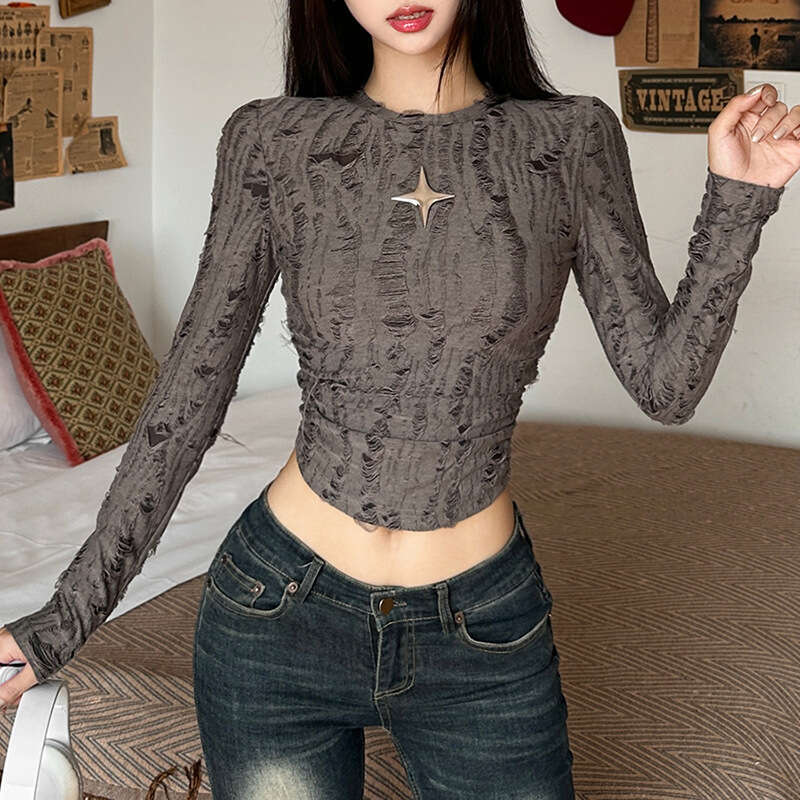 2023 Autumn New Women's Solid Color Slim Fit Crop Top Street Fashion Round Neck Long Sleeve T-Shirt cc7