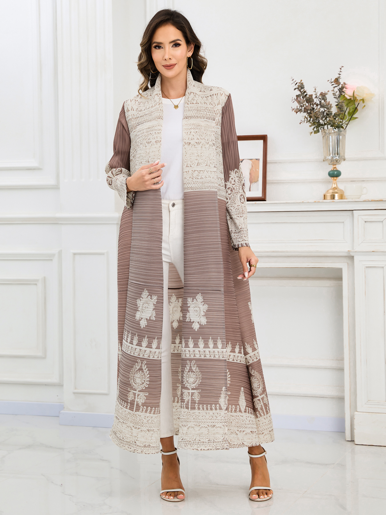 Ethnic Clothing Middle Eastern printed pleated long robe coat Ladies' elegant, loose, large-sized printed cardigan shawl in Arab style is trendy 