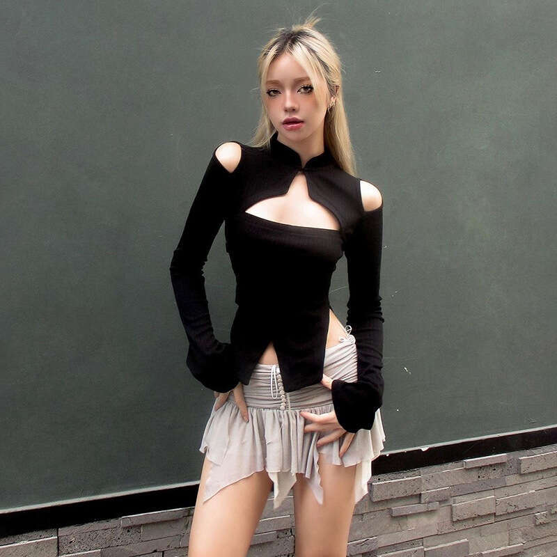 INS2024 Autumn New Women's Solid Color Slim Street Fashion Round Neck Long Sleeve Top 668