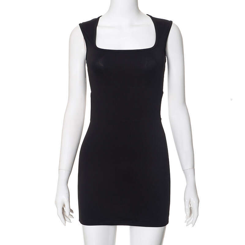 Q24ds026 Women's Summer New Solid Color Wide Strap Square Neck Hollow Out Back Slim Fit Dress B5