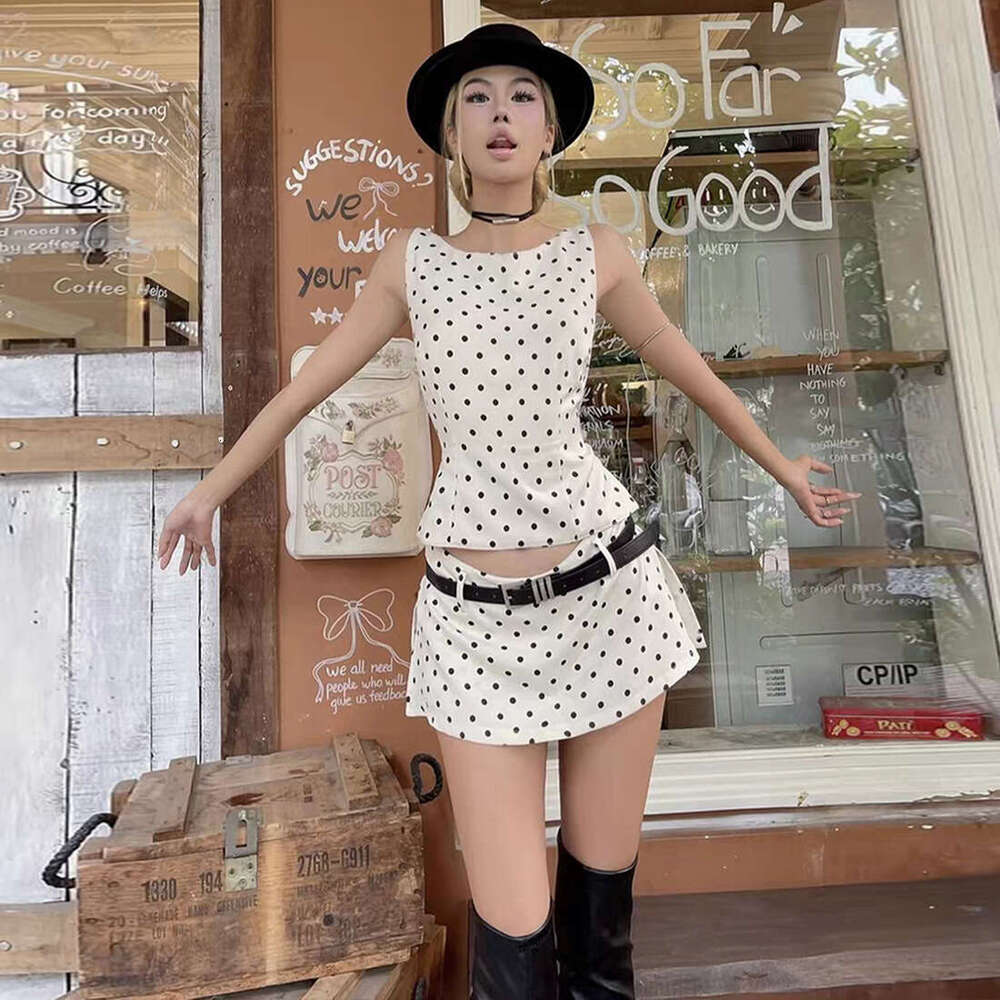 2025 Summer New Slim Fit Backless Polka Dot Top High Waist Elegant Half Skirt Women's Set 263