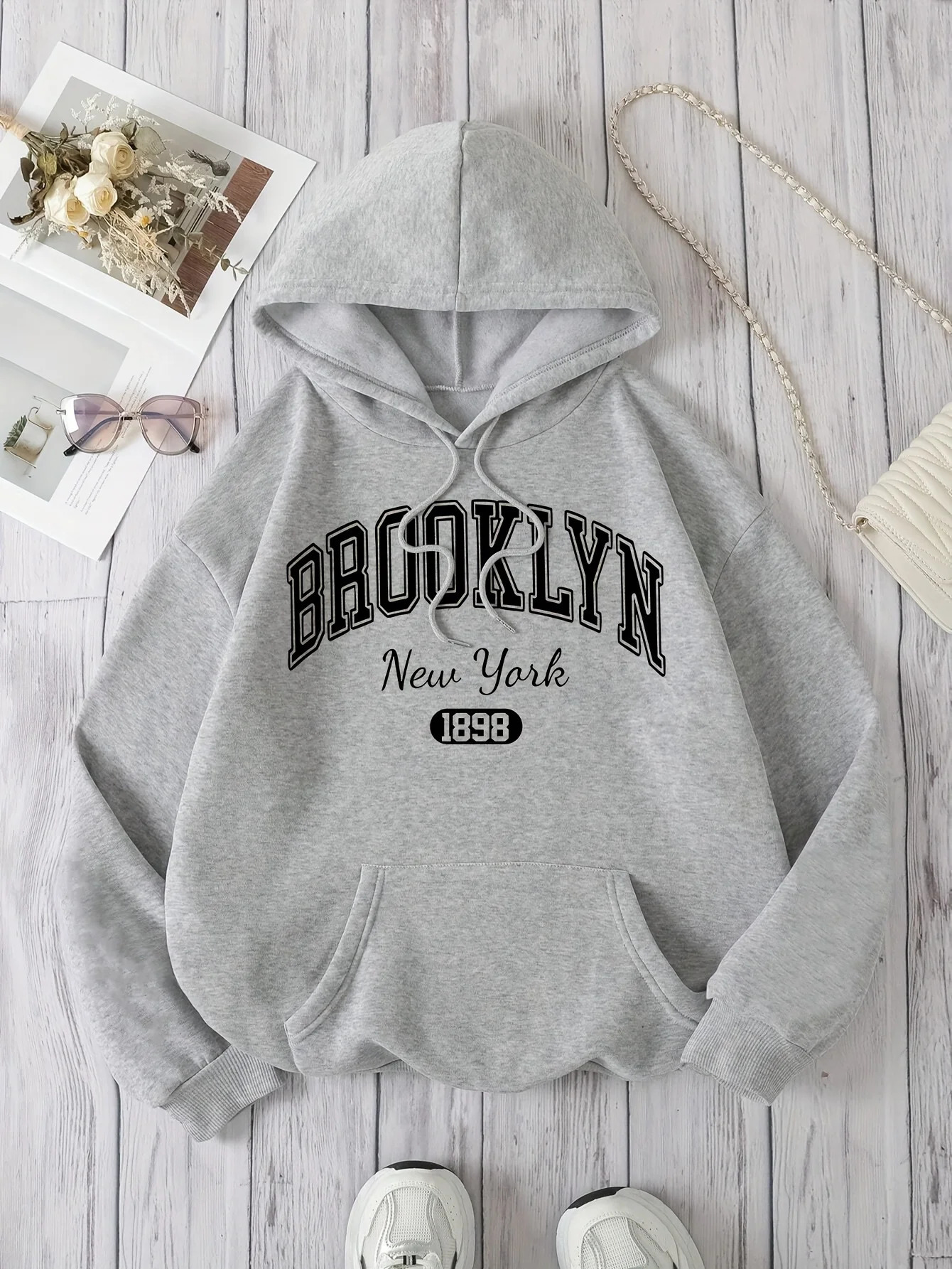 Brooklyn York 1898 Hoodie Sweatshirt Casual Polyester Hooded Pullover with Drawstring Alphabet Pattern 250725