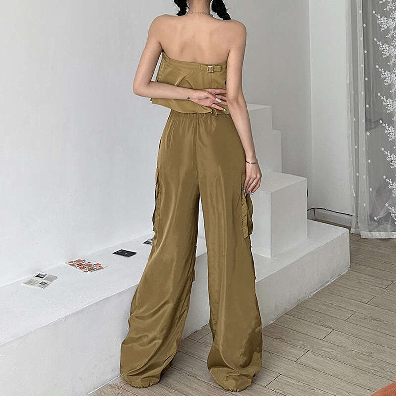 2023 Spring Summer New Women's Solid Color Slim Fit Tube Top Vest Fashion High Waist Wide Leg Pants 2f9