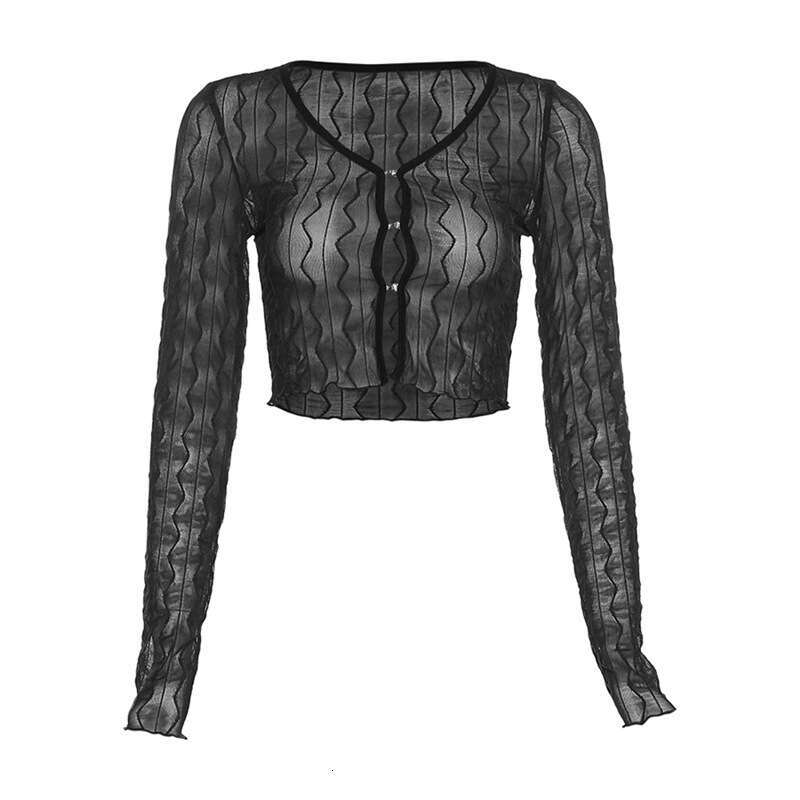 2022 Autumn New Women's Solid Color Sexy Mesh Cardigan Long Sleeve Crop Top T-Shirt for Women a11