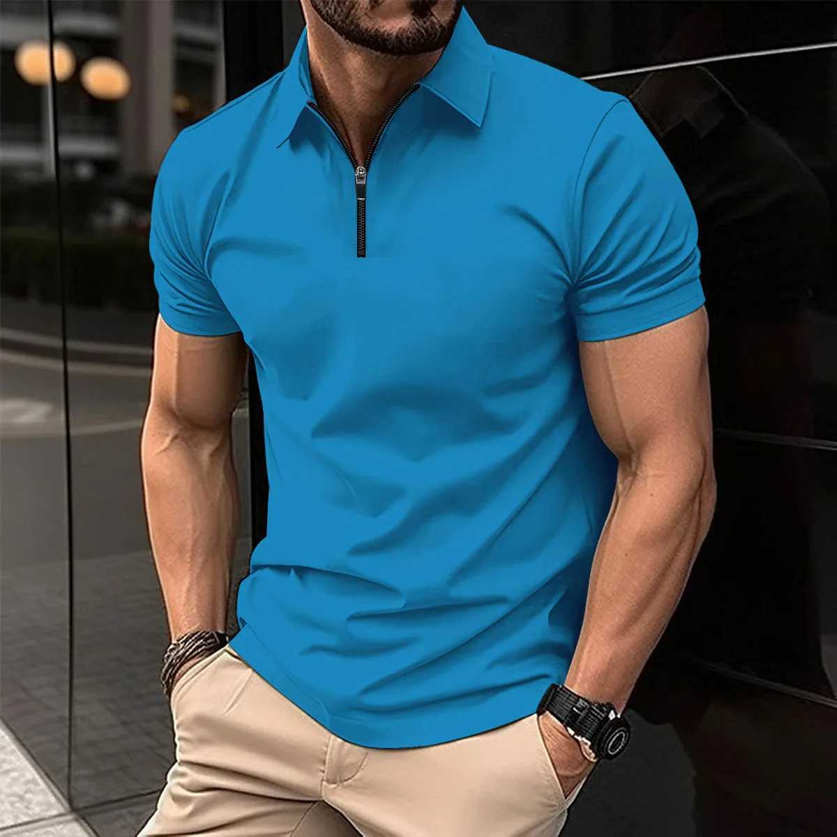 2024 Summer Mens Fashion Casual Lapel Zipper Solid Color Sports Breathable POLO Shirt Polo S XJ250725