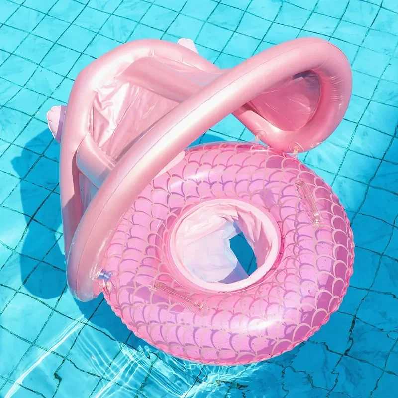 Baby Swimming Circle with Mermaid Tail Outdoor Sunshade with Canopy Inflatable Float Ring Summer Pool Water Toys Equipment M250725