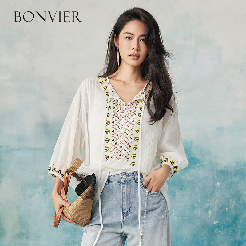 2025 Loose 3/4 sleeve lace blouses shirt women vintage cotton Button v neck causal boho blusa summer blouse femme top 6112512