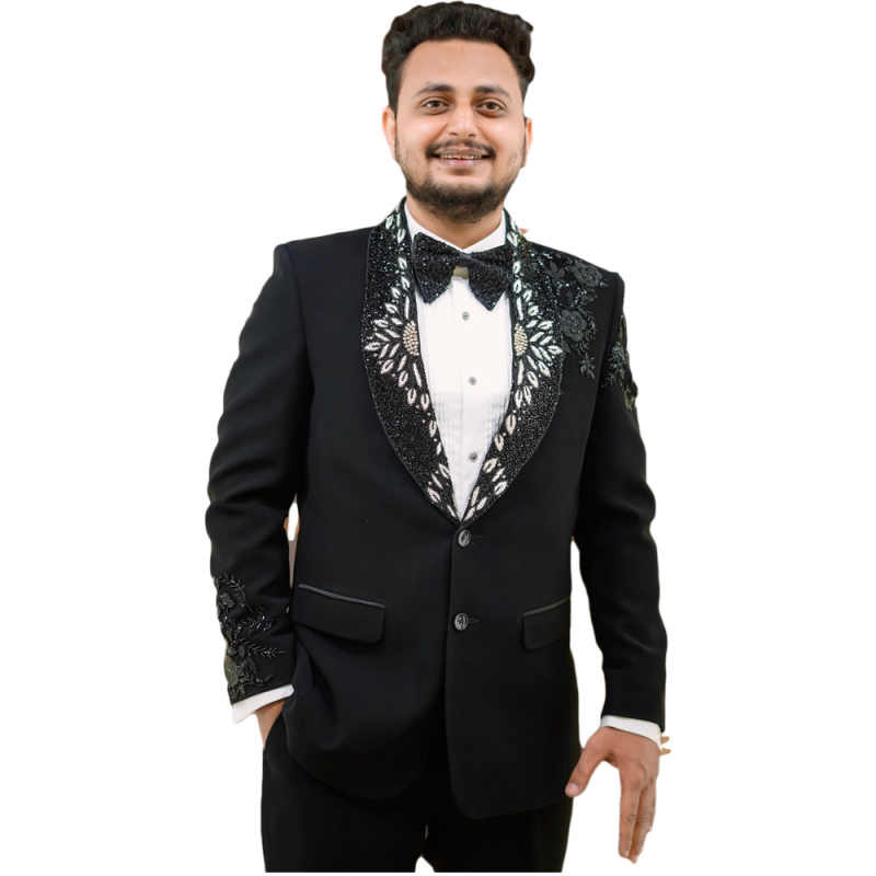Stylish Appliques Men Suits Single Breasted 2 Pieces Blazer Pants Set Shawl Lapel Handmade Beading Groom Tuxedo Customized