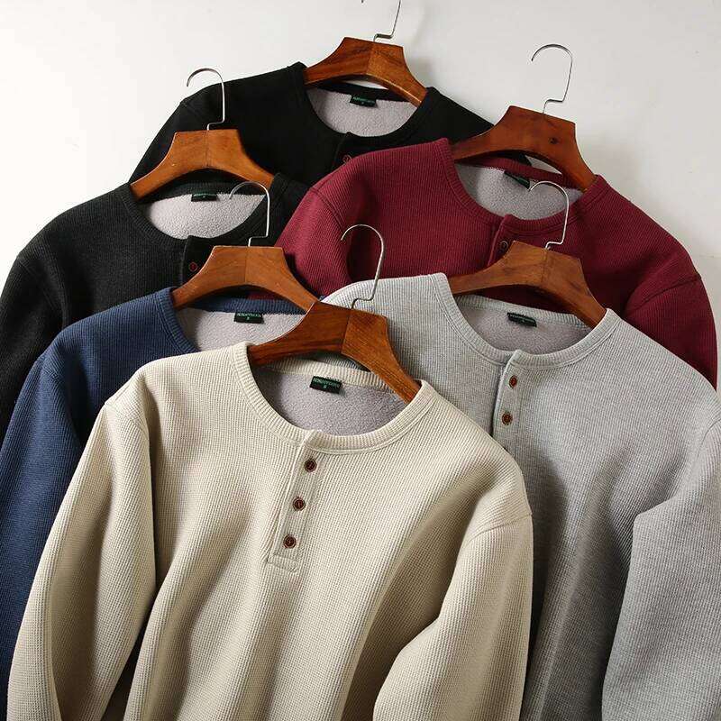 Men's Tops Winter New Veet Thickened Long-sleeved Henry Collar Buttons Waffle T-shirt Large Size Solid Color T Shirts Tees