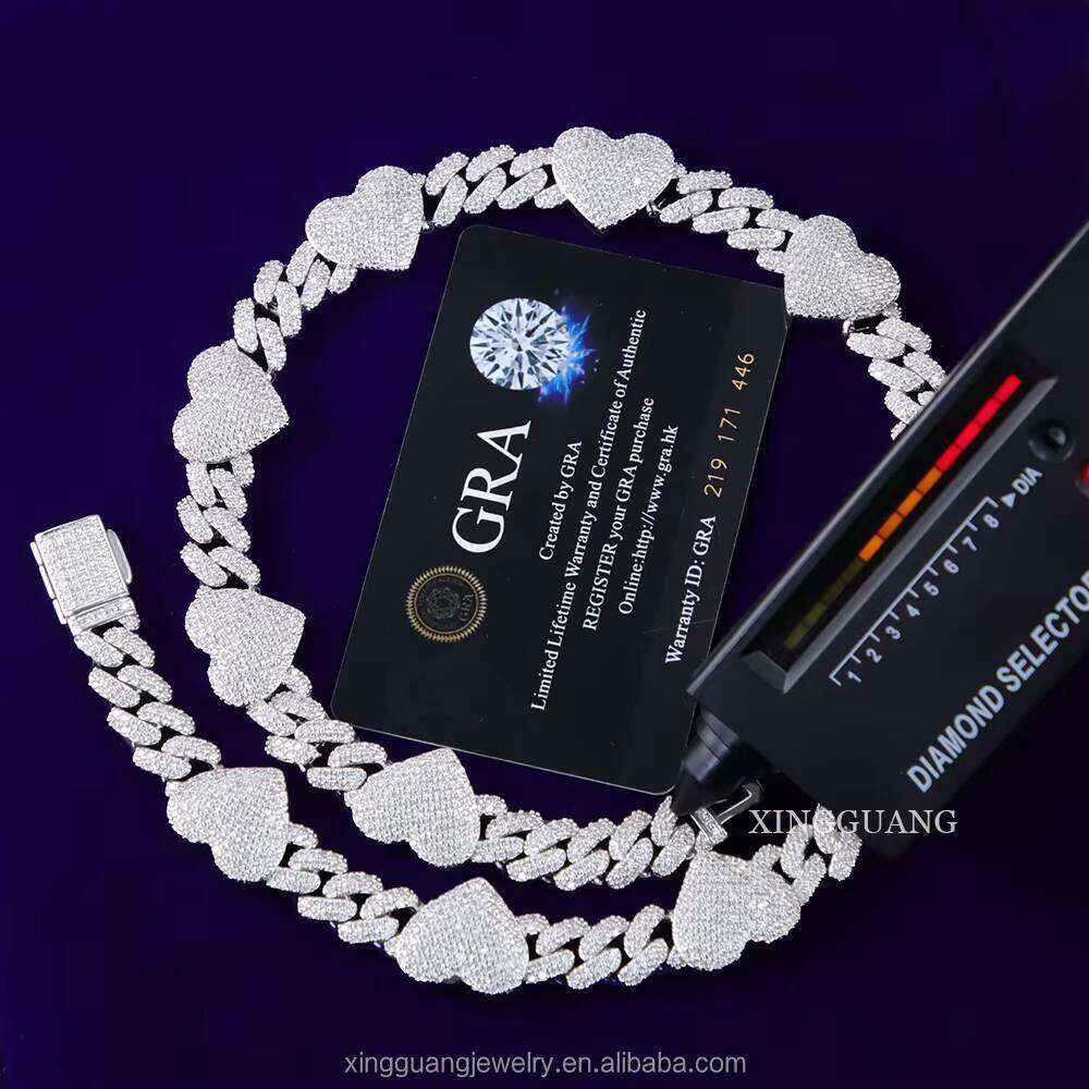Moissanite Dias 8MM 10MM 12MM Iced Out Hip Hop Heart Cuban Link Chain Sier Plated Gold Necklace