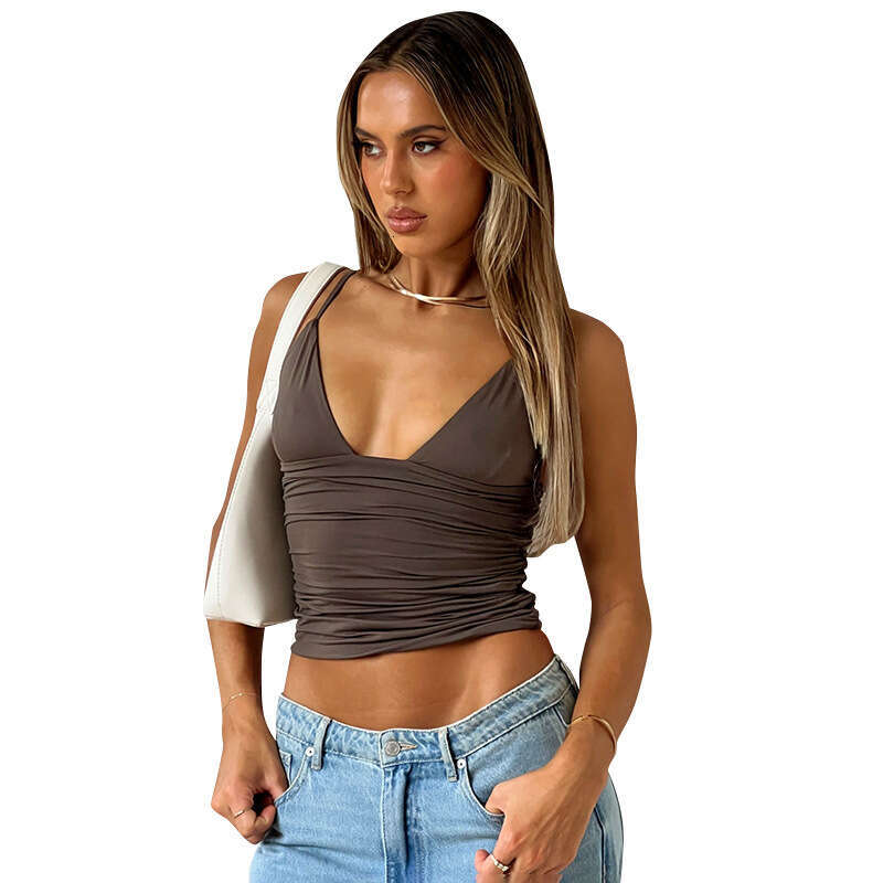 Ytp080 Women's Summer New Solid Color V-Neck Sleeveless Navel-Baring Ruched Sexy Camisole Top B5