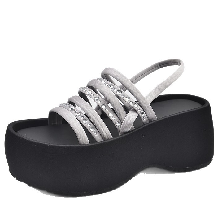 Ddmysports Platform Thick Sole Rhinestone Sandals For Women Summer New Style Black Strap Versatile With Skirts Height Increasing Beach Shoes Outdoor S