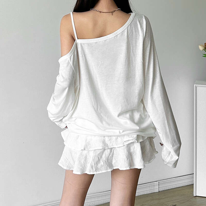 2024 Autumn New Women's Solid Color Loose Street Style Fashion Asymmetrical Neck Printed Long Sleeve Top 11f
