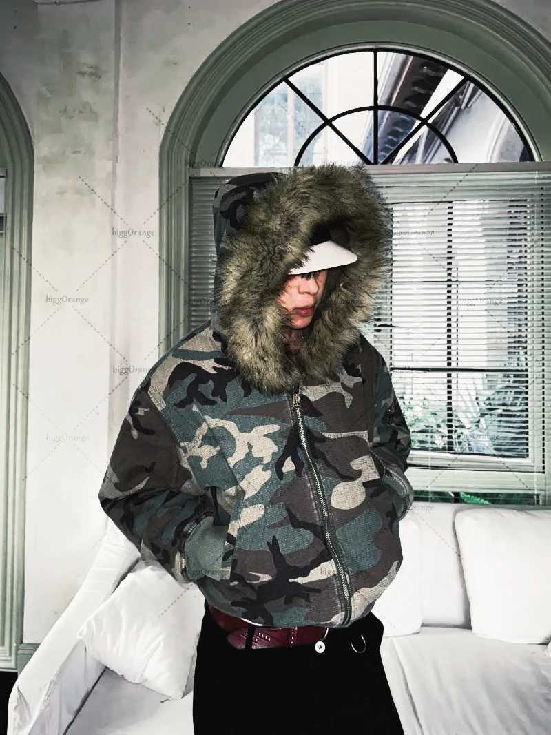 High Street Streetwear Hip Hop Harajuku Camouflage Fur Collar Jacket Men Gothic Oversized Casual Zipper Hoodie Winter Warm Coats X250725