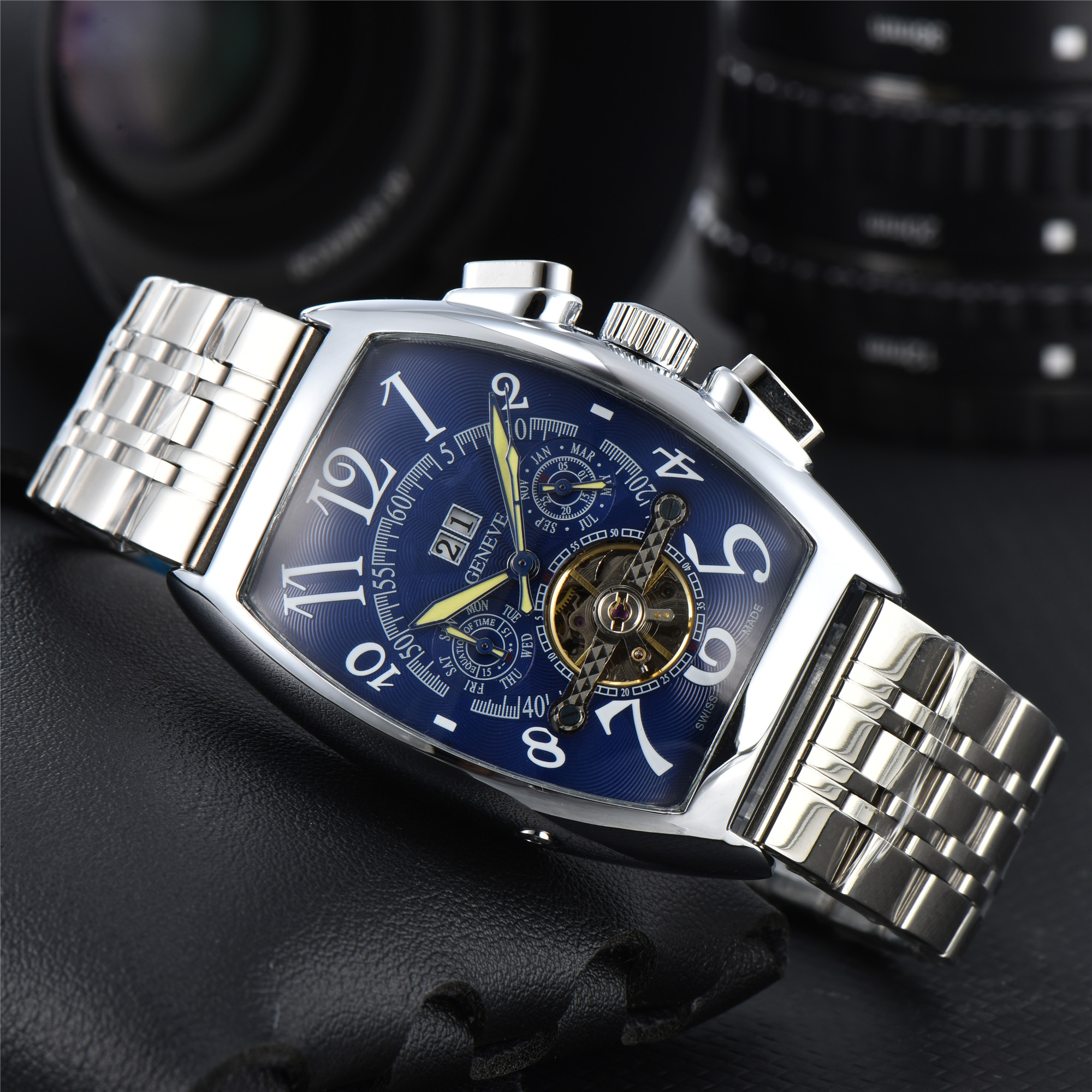 Frank new tourbillon double calendar re-engraved wine barrel type automatic mechanical watch men's watch