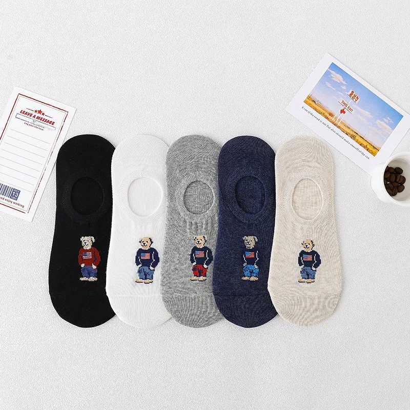 5 Pairs Unisex Men Socks 5 Colors Summer New Cartoon Bear Cotton Boat Socks Light Comfortable Sweat-absorbent Invisible Socks X250725