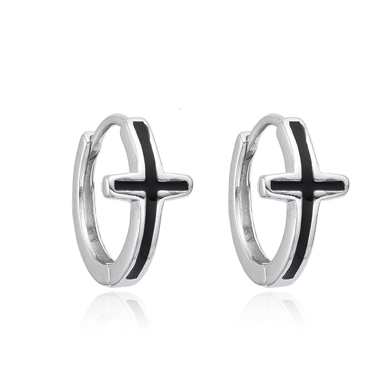 S Pure Sier Black Resin Cross Niche Minimalist Style Elegant Hoop Light Unisex Cool and Handsome Earrings Jewelry for Women