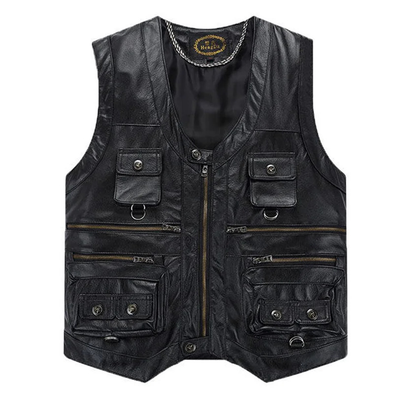 2025 gentlement leather vest male slim commercial sheepskin men waistcoat with many pockets 250725