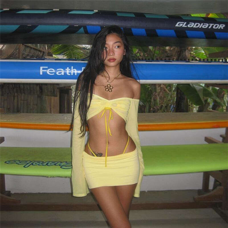 2022 Summer New Women's Solid Color Slim Off-Shoulder Long Sleeve Fashion Half Skirt Set 0e7