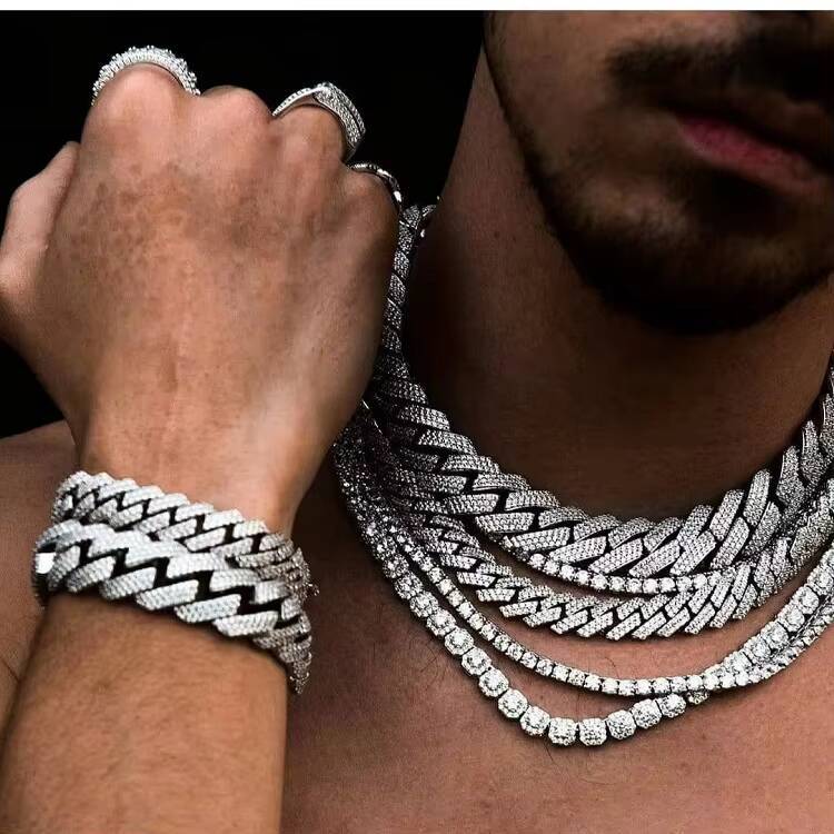 HipHop 925 Silver Men Double Row 15mm Rhombus Cuban Necklace Trendy Brand Moissanite Diamond