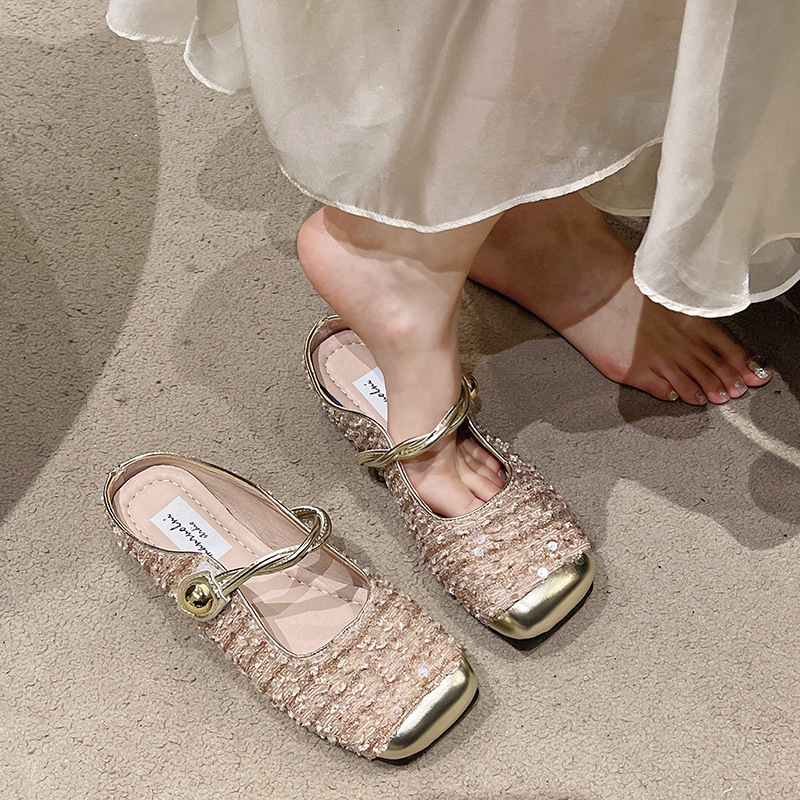 Ddmysports Baotou Mary Jane Sandals For Women Outdoor Wear Summer New French Style Sequins Elegant Matches Skirts Half Slippers Outdoor Shoes