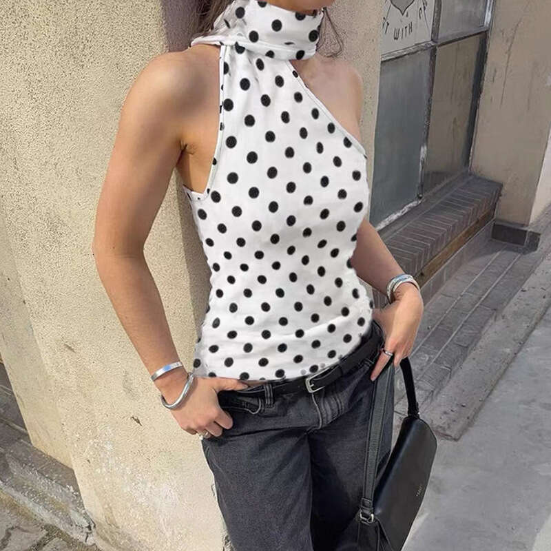 2025 Summer New Elegant Slim Fit Backless Slimming Halter Neck Polka Dot Print Versatile Women's Top d82