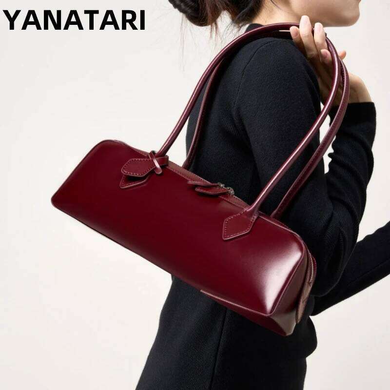 YANATARI Genuine Leather Woman 2025 Korean Vintage Long Shoulder Handbags Ladies Underarm Bag Shopping Bag 25075-26