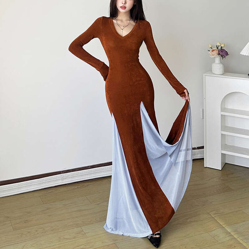 2024 Autumn New Fashion Solid Color Long Sleeve V-Neck Sexy Slim Fit Slit Dress df5