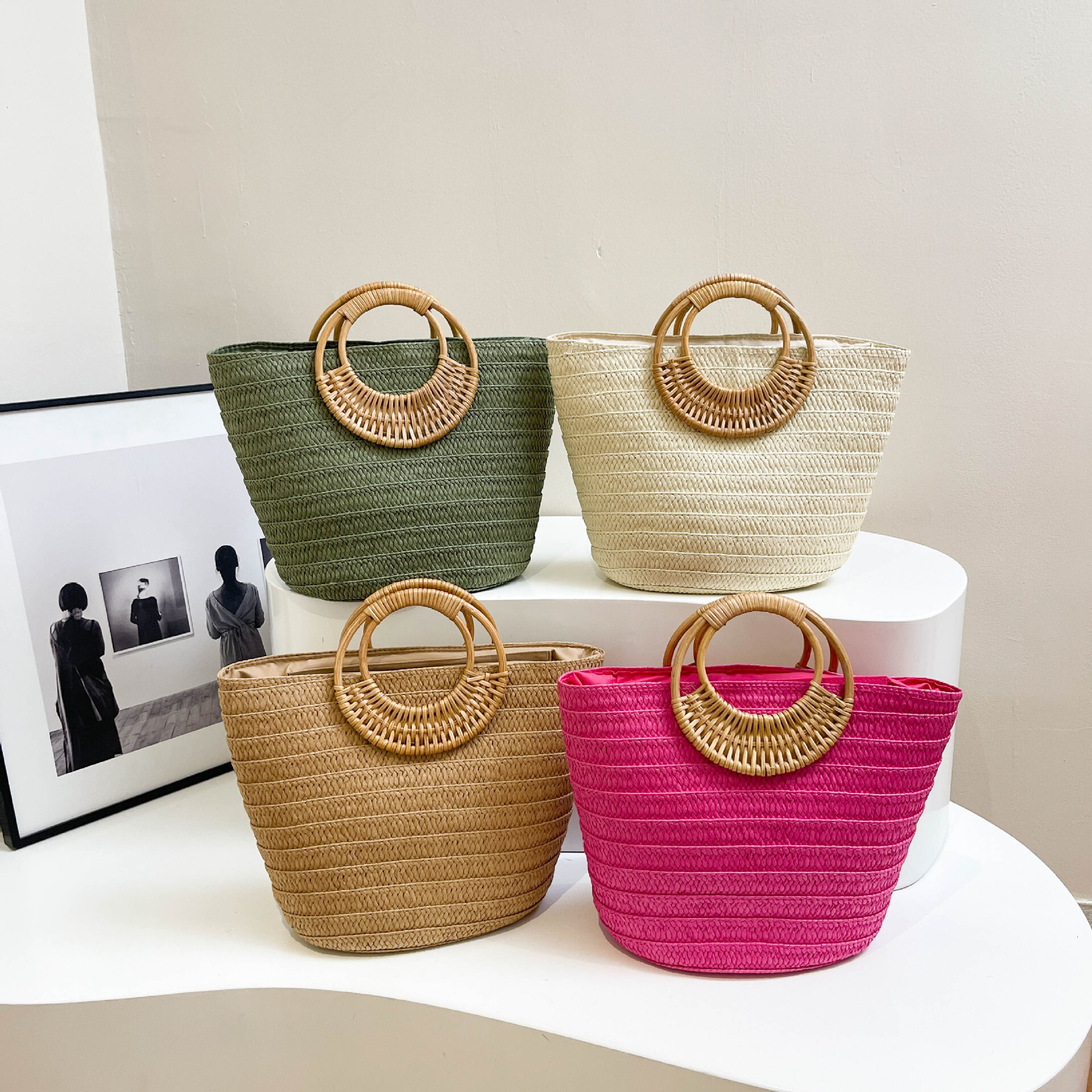 Luxury Brand Designer Bag Foreign Trade Rattan Woven Tote Bag Personality Niche Ins Woven Basket Bag Light Luxury Fashion Vacation Handbag