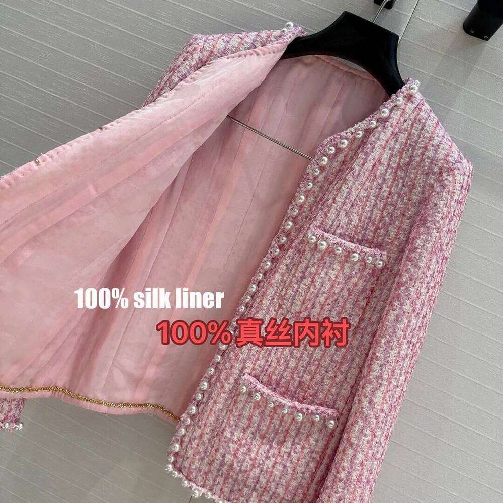 2025 Pure Handmade Ing Silk Liner Pink Plaid Woven Vintage Tweed Coat Women Pearls Pockets Long Sleeve Sweet Jacket