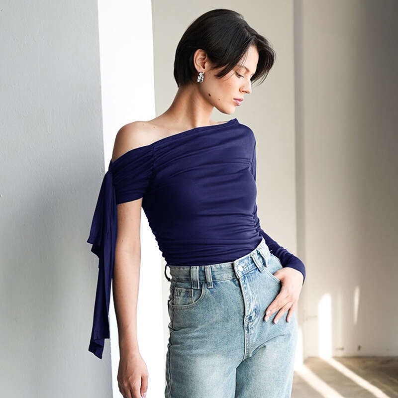 Ytp610 Women's Autumn New Solid Color Asymmetrical One-Shoulder Sexy Off-Shoulder Top B5