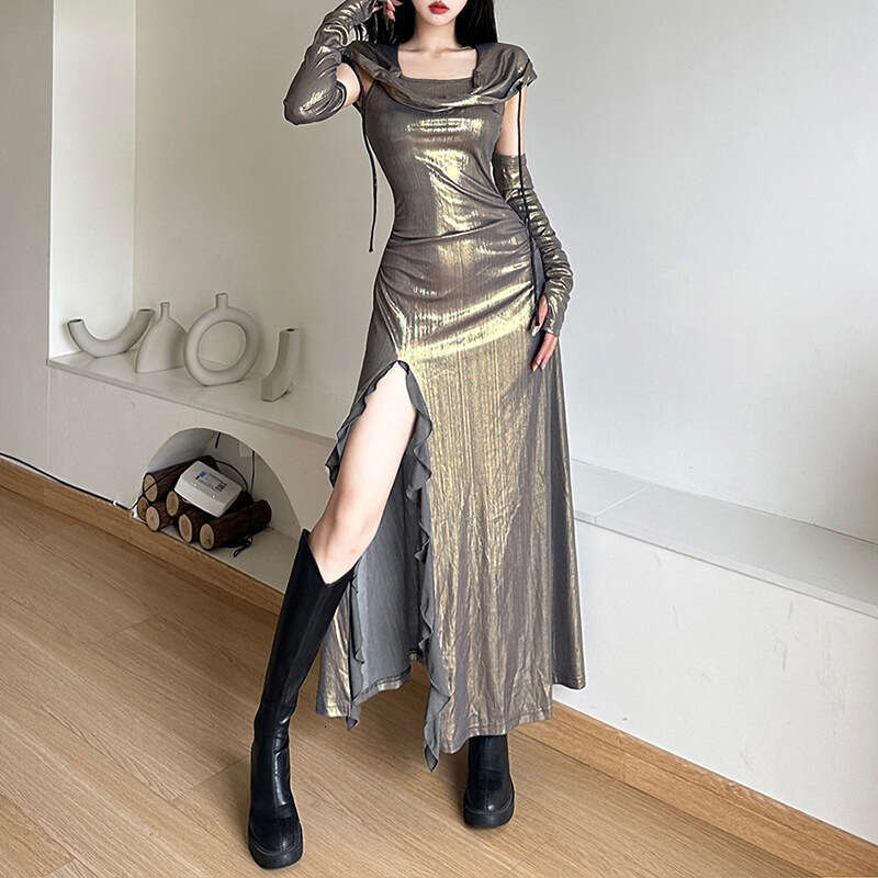 2023 Summer New Women's Solid Color Slim Street Fashion Hooded Sleeveless Split Dress 9b8