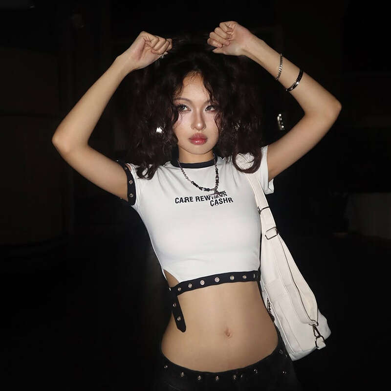 2025 Spring New Women's Solid Color Slim Fit Crop Street Fashion Round Neck Short Sleeve Top f04