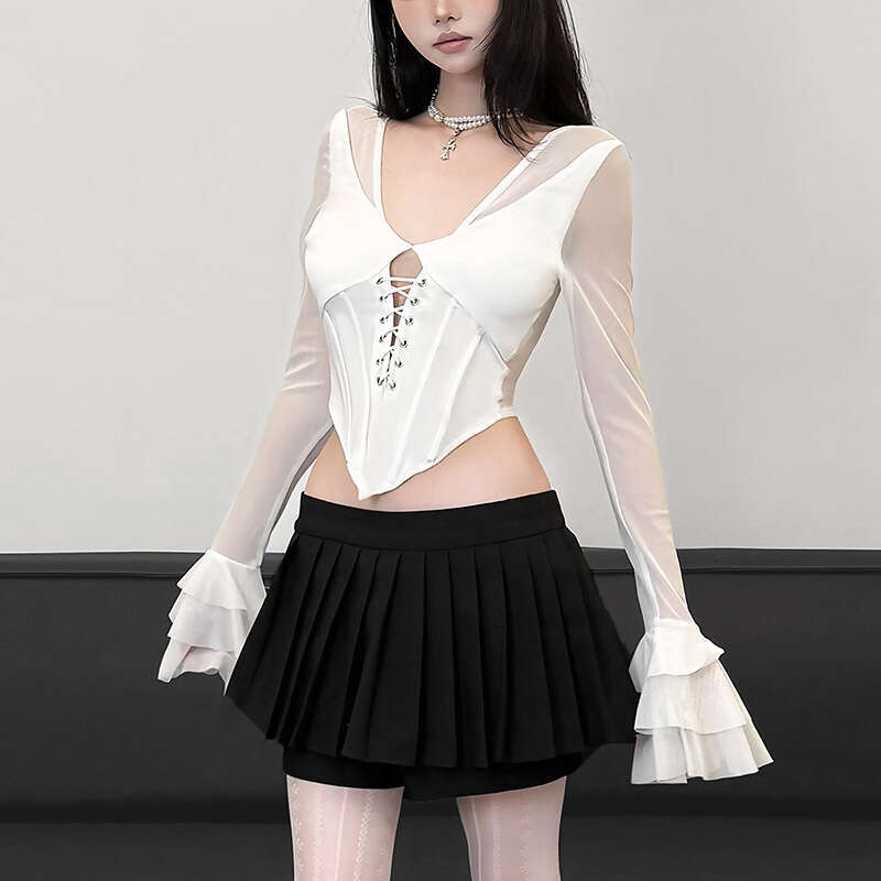 2024 Autumn Winter New Women's Solid Color Slim Street Fashion V-Neck Long Sleeve Sheer Top b93