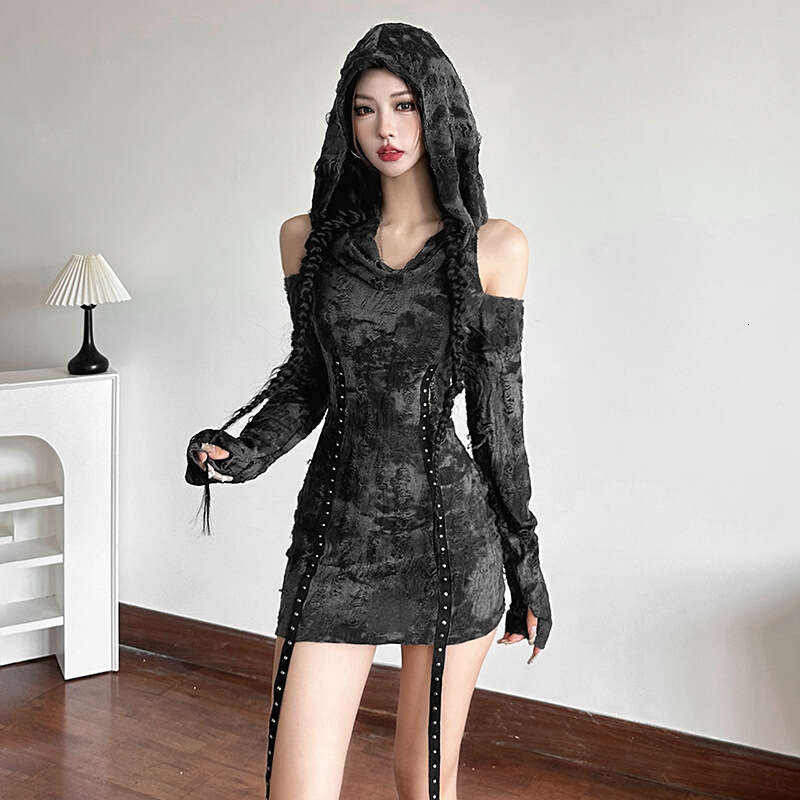 2024 Autumn New Women's Solid Color Slim High Waist Street Fashion Hooded Long Sleeve Dress b4c