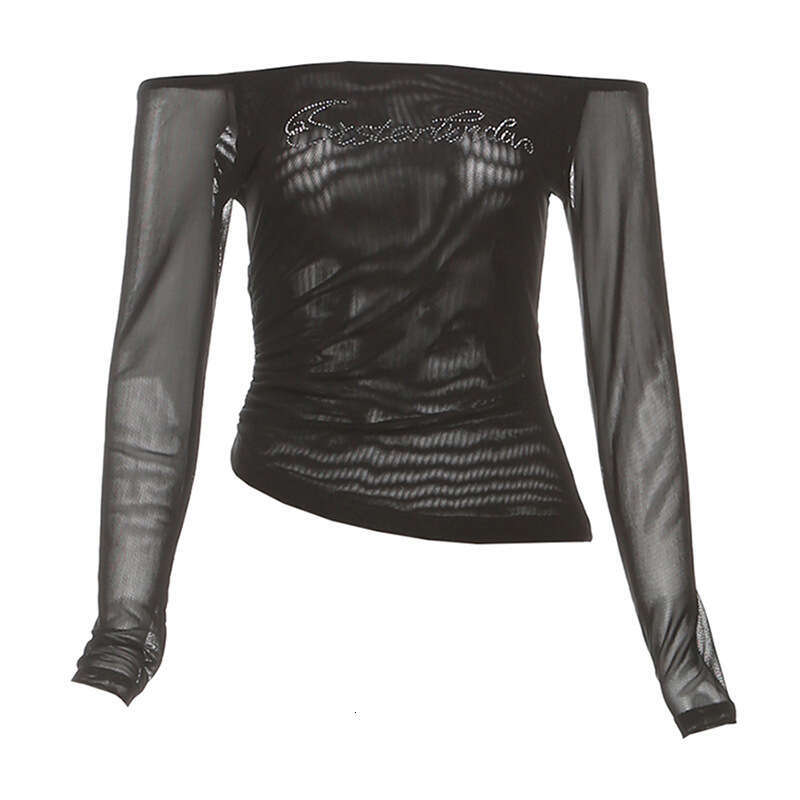 2025 Spring Women's Fashion Sexy Off-Shoulder Design Personality Rhinestone Mesh Long Sleeve Top for Women 963