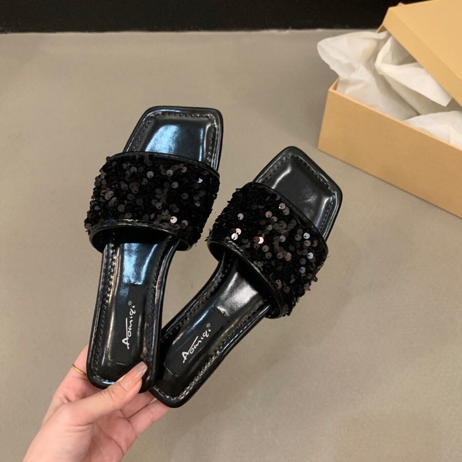 Ddmysports French Style Fairy Shoes One Strap Large Size Flat Sandals Black Spring Summer Women Sequin Low Heel Slippers Outdoor Shoes