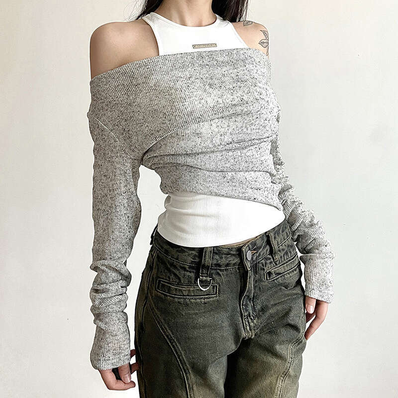 2023 Summer New Women's Solid Color Slim Fit Fashion Round Neck Tank Top Long Sleeve Two-Piece Set 2ec