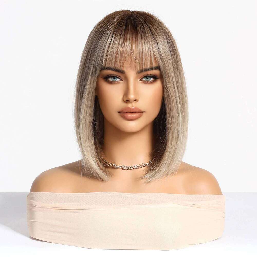Light Brown Blonde Synthetic with Bangs for Women Short Bob Daily Straight Wigs Fake Hair Cosplay Halloween Heat Resistant