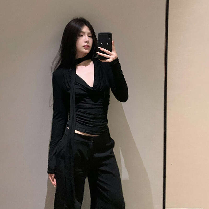 2023 Autumn New Women's Solid Color Slim Fit Street Fashion V-Neck Long Sleeve Top ab7
