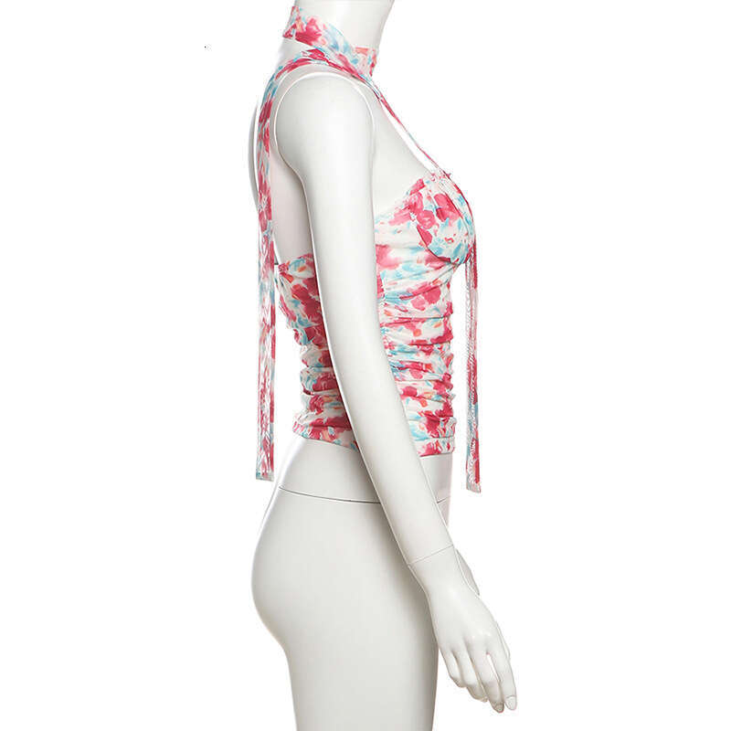 2025 Summer INS Style New Halter Neck Slim Fit Backless Versatile Color Block Printed Sleeveless Top for Women 235